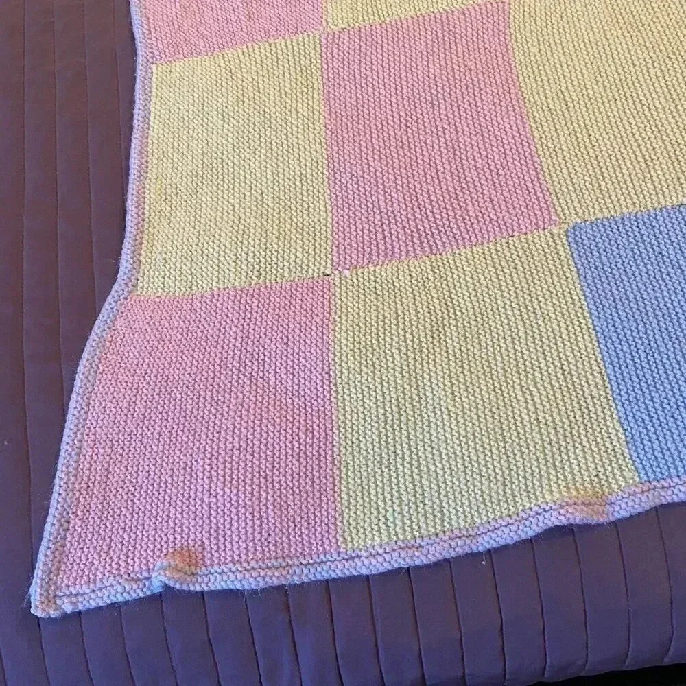 VTG Hand Knit Unisex Baby Blanket Color Block Pink Blue Green Yellow Cottagecore